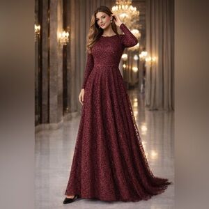 Burgundy Sparkly Lace Evening Gown Long Sleeve Modest Dress Sz 8